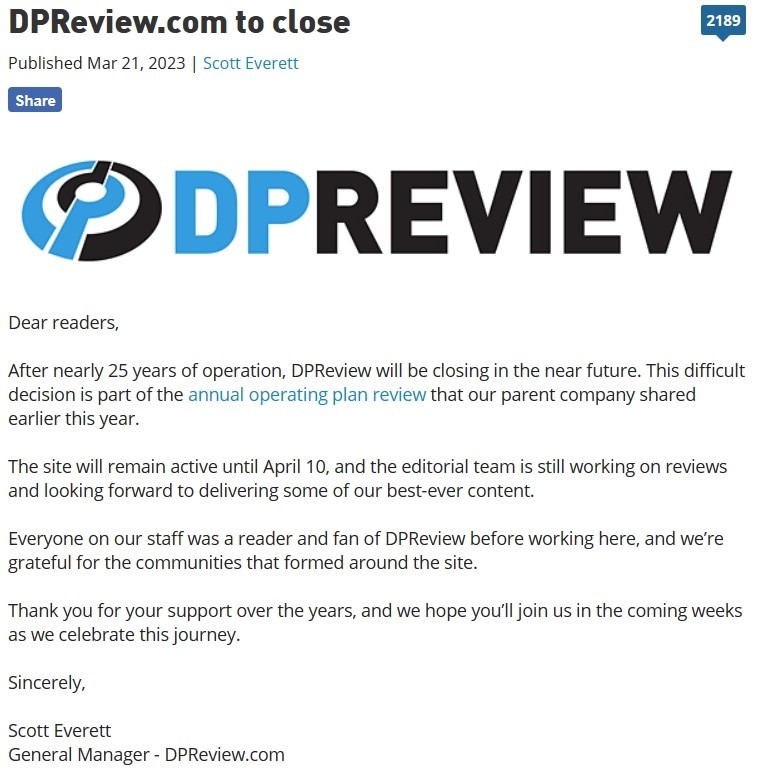 数码相机权威网站 Dpreview宣布关停， 预计4月10日关闭
